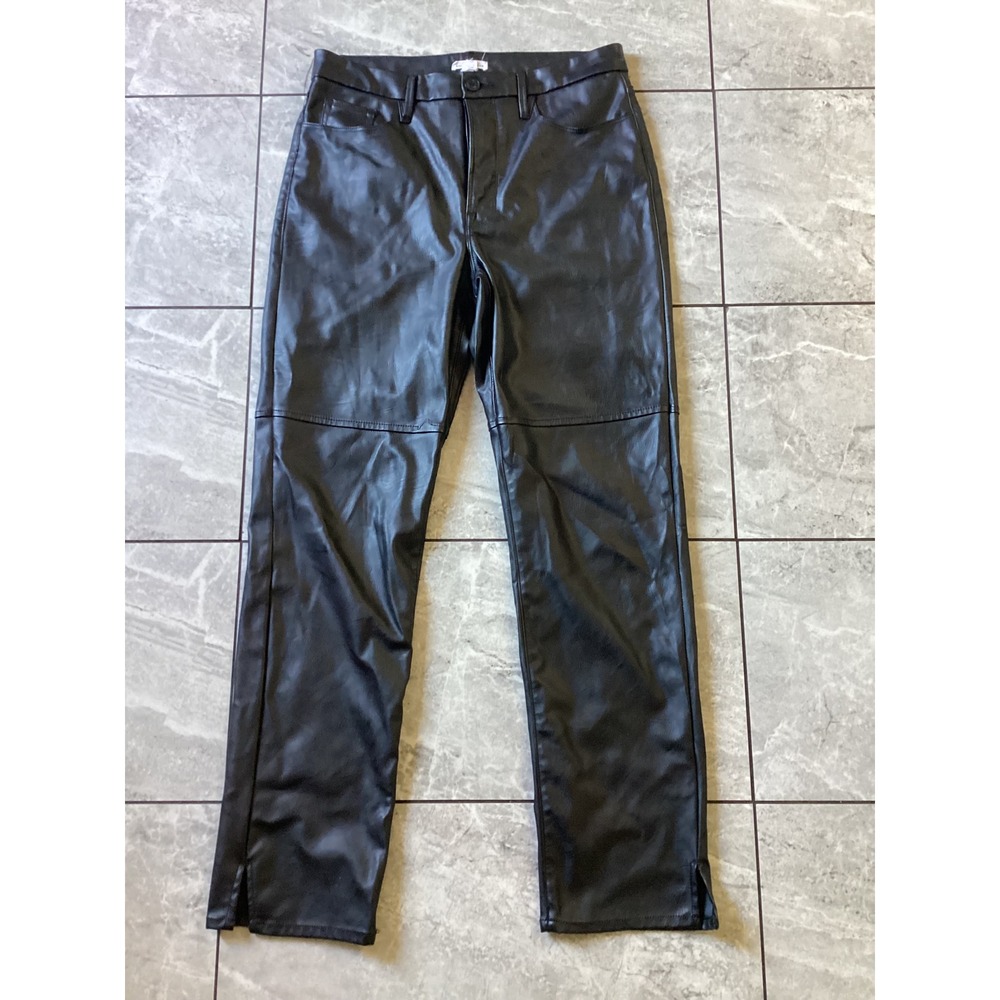 Good American Black Faux Leather Straight Leg Pants Split Hem Size 12/31 G8515